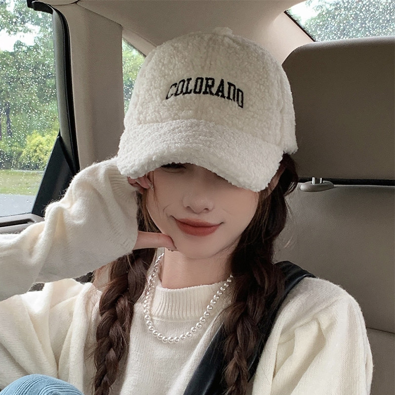 羊羔毛帽子女秋冬季时尚百搭大头围毛绒鸭舌帽加厚保暖棉帽显脸小