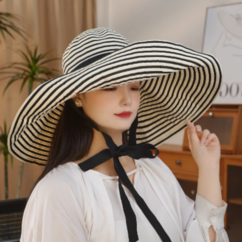 大帽檐条纹渔夫帽子女夏户外遮阳
