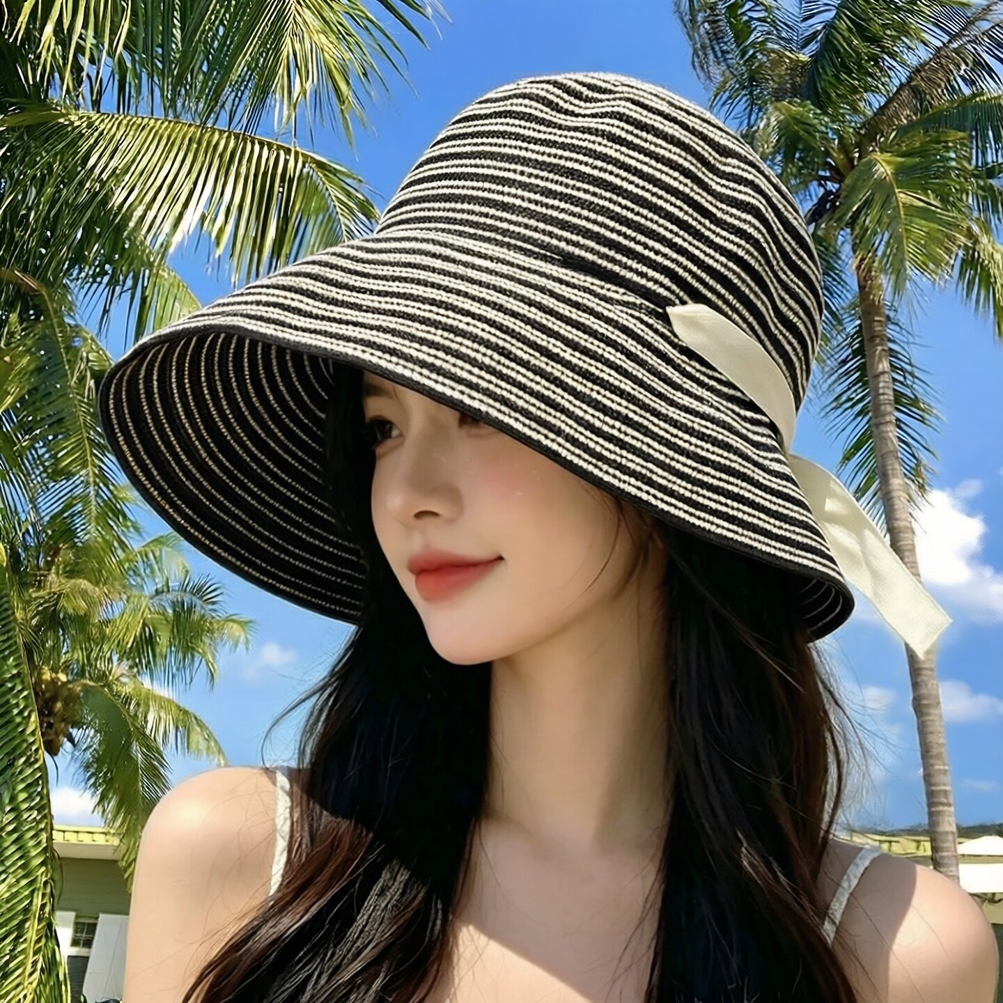 夏季大檐遮阳黑白条纹绑带渔夫帽
