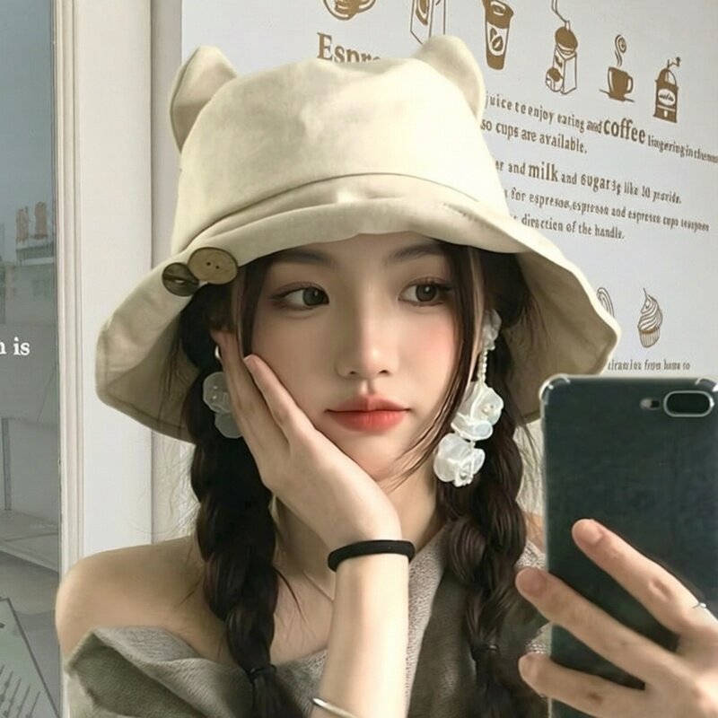 夏季可爱猫耳朵纽扣双面戴渔夫帽