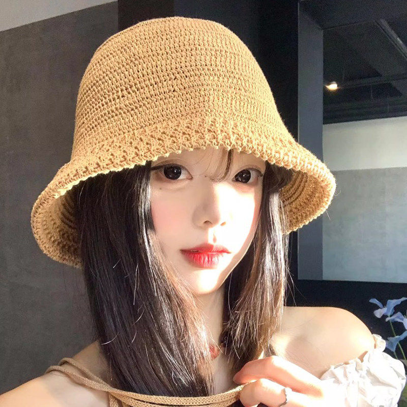 日系后开叉亚麻草编渔夫帽女防晒