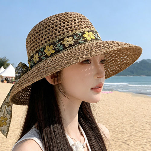 2026新款花朵织带渔夫帽子女夏季透气草编遮阳防晒帽沙滩度假草帽 - 封面