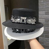 法式 水钻平顶礼帽防晒遮阳帽 海边沙滩帽子百搭时尚 草帽女夏季 新款