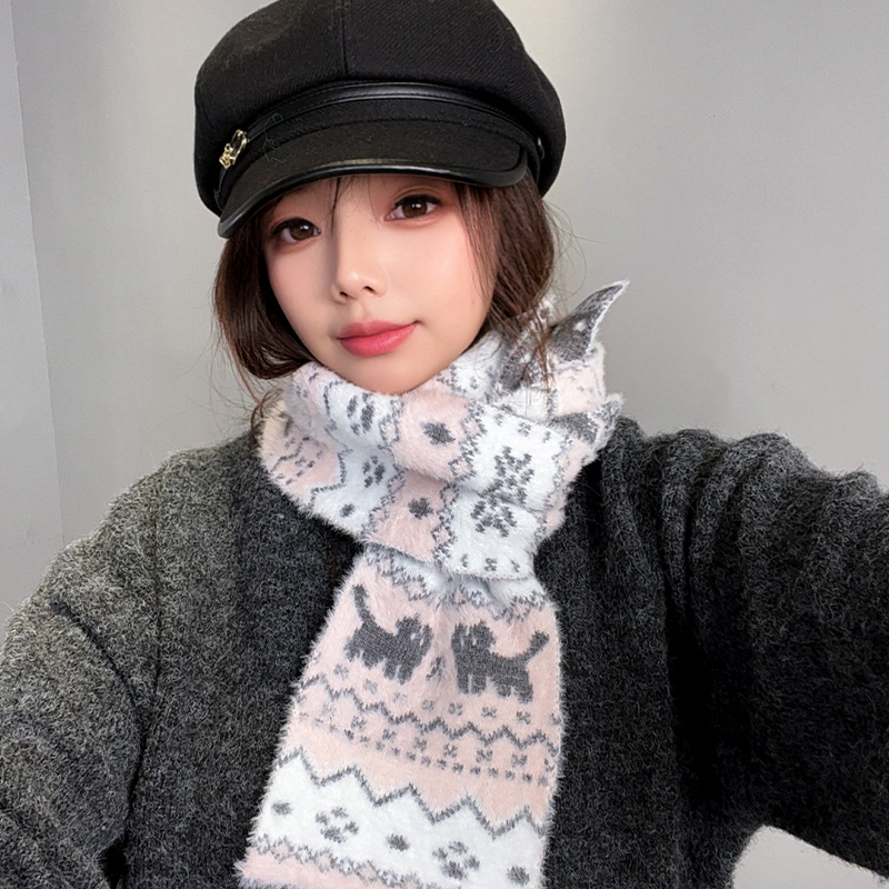 秋冬保暖费尔岛猫咪双面提花围巾