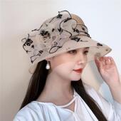 透气遮阳帽防晒盆帽 优雅玫瑰花朵渔夫帽薄款 夏季 欧根纱帽子女时尚