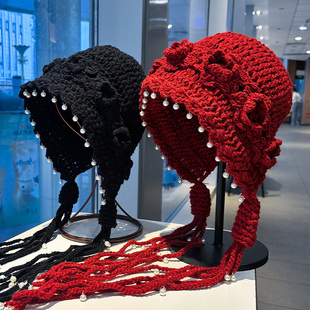 手工编织花朵红色毛线帽子女秋冬保暖套头帽川西旅游针织帽护耳帽