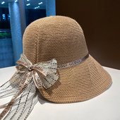 帽子女夏天草帽薄款 丝带针织渔夫帽出游遮阳防晒帽网红百搭太阳帽