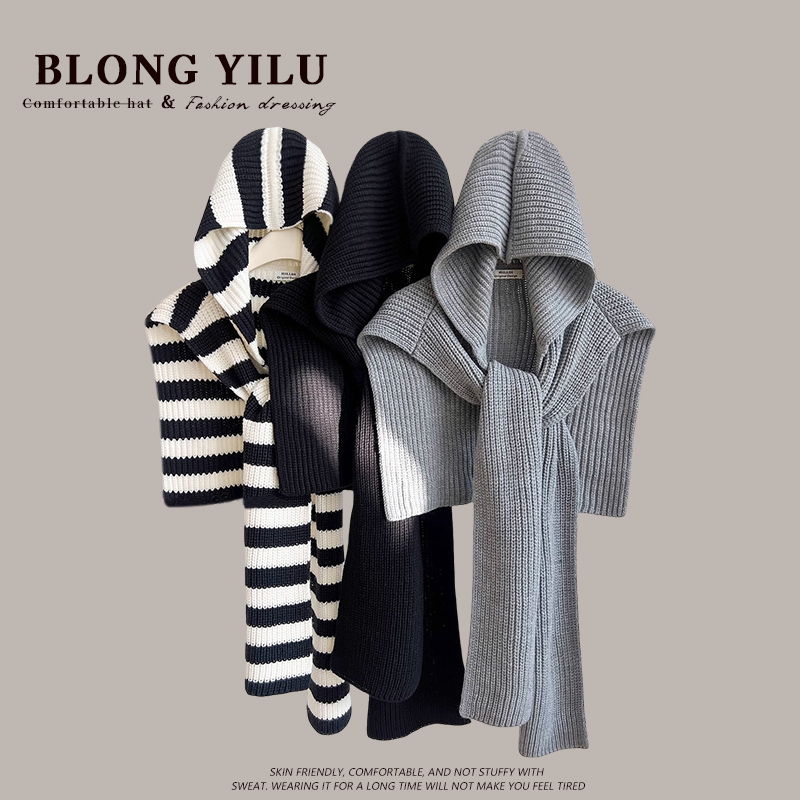 秋冬季保暖护颈针织连帽披肩女款