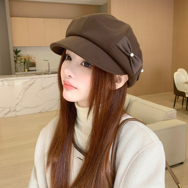 洋气气质珍珠蝴蝶结八角帽子女款2026新款春秋季百搭显脸小报童帽