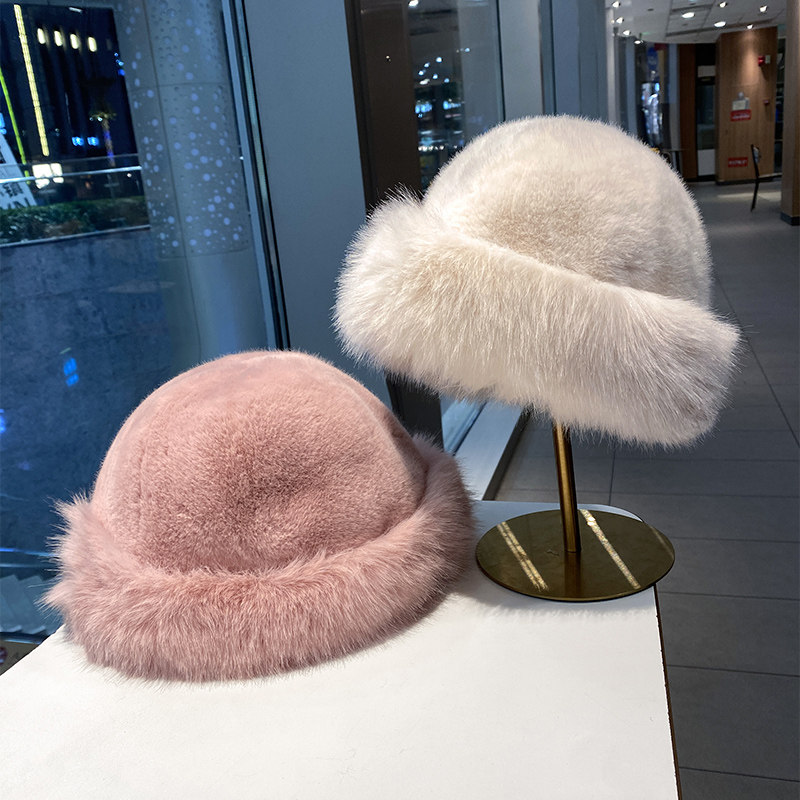 毛绒渔夫帽子女秋冬新款仿皮草地主帽保暖蒙古帽纯色盆帽显脸小潮
