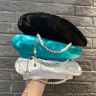 韩国洋气湖绿色帽子女珍珠链条贝雷帽丝光网红画家帽显脸小穿搭品