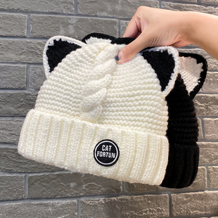 ins猫耳朵针织毛线帽女加绒加厚保暖秋冬帽子可爱百搭包头冷帽潮