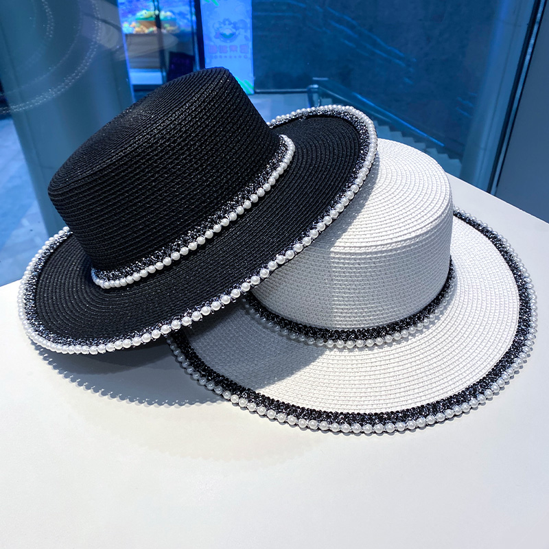 草帽法式名媛珍珠出游防晒遮阳帽