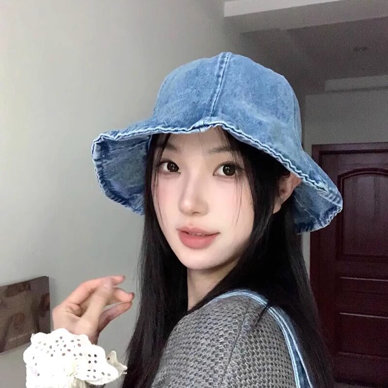 复古蓝色牛仔渔夫帽子女款2025新款大檐遮脸防晒盆帽显脸小水桶帽