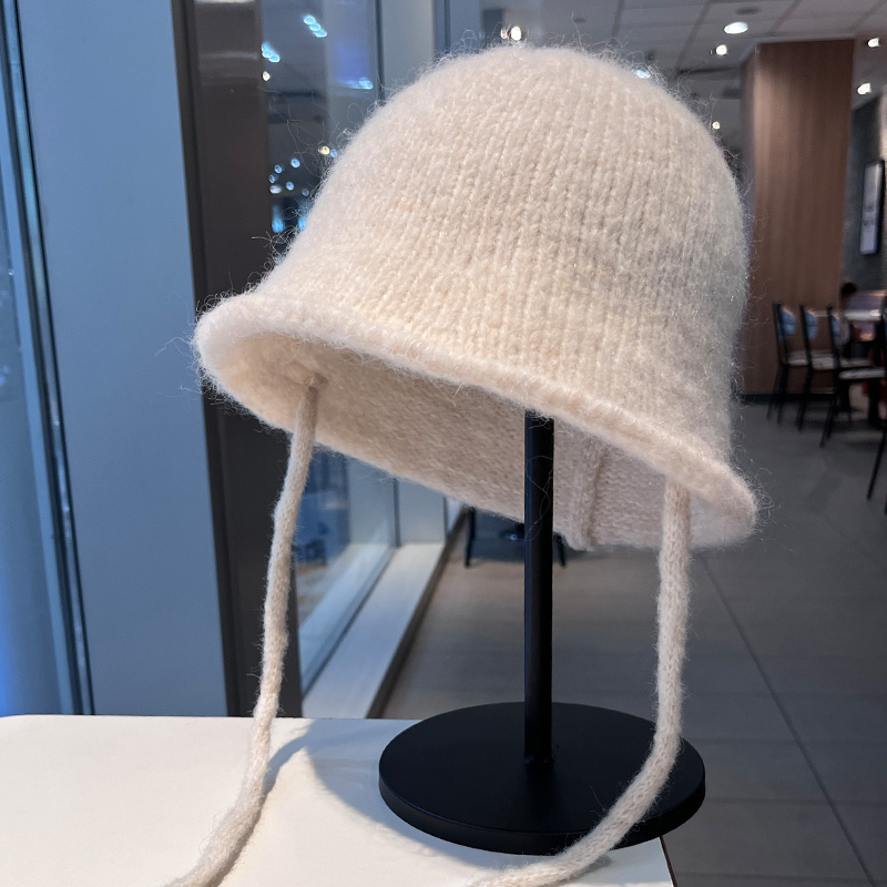 2025新款纯色卷边绑带针织渔夫帽子女显脸小水桶帽冬保暖护耳盆帽