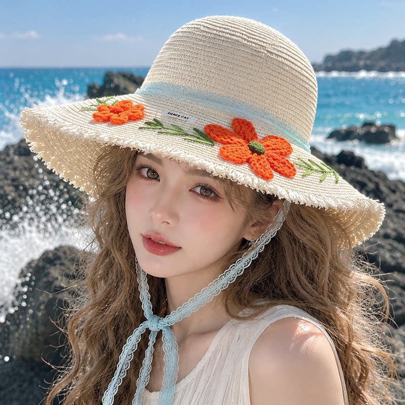2026新款蕾丝飘带花朵大帽檐草帽