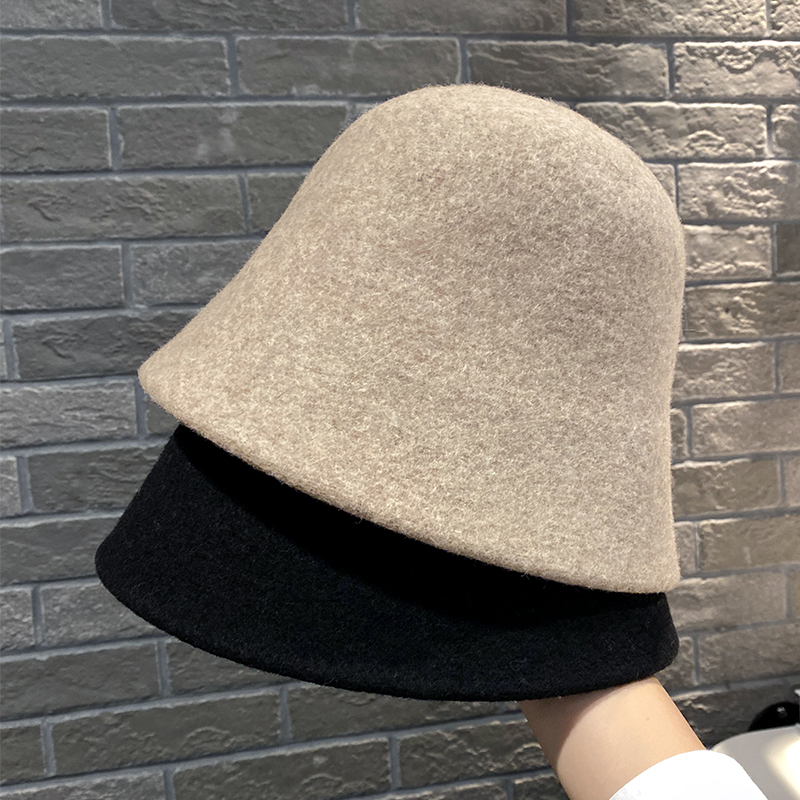 黑色渔夫帽子女秋冬季百搭显脸小素颜遮脸水桶帽高级感毛呢盆帽潮