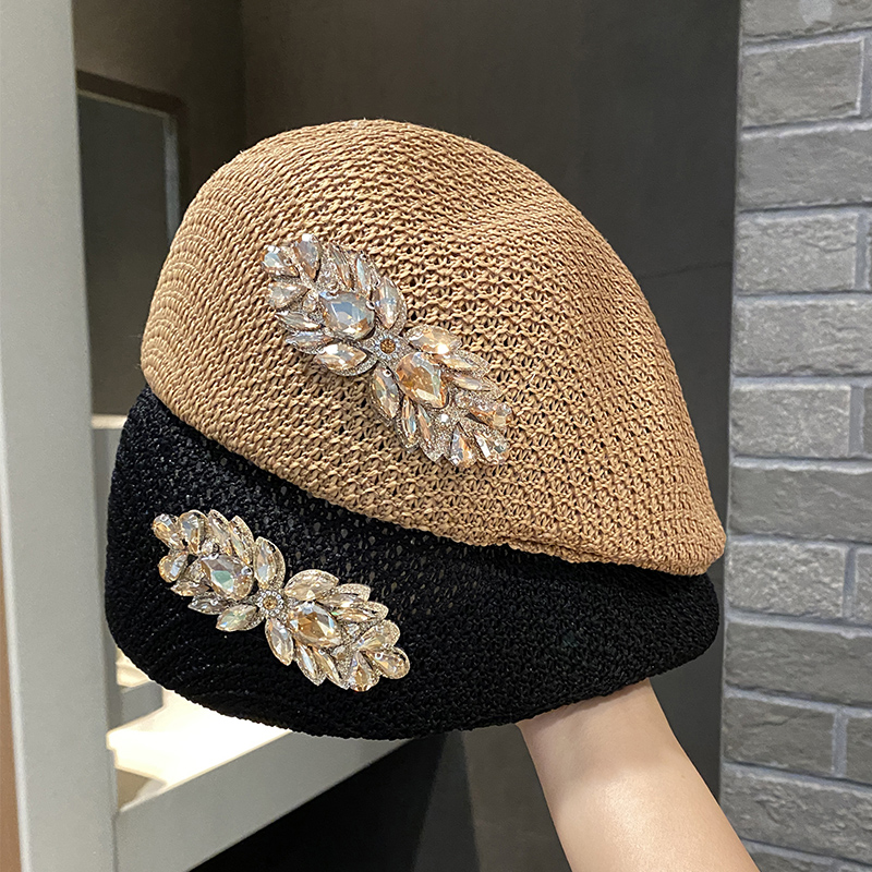 手工贴水钻加硬定型贝雷帽夏季