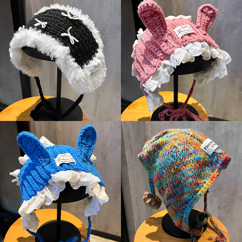 韩国彩色三角巾女秋冬季手工头巾学生百搭耳罩围脖兔耳朵毛线帽子