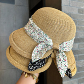 碎花蝴蝶结草帽女夏季 田园风草编礼帽户外大檐防晒遮阳帽子可折叠