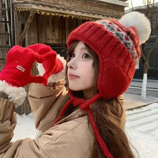 费尔岛风红色护耳帽子女冬季加厚保暖百搭大头围针织毛线帽显脸小