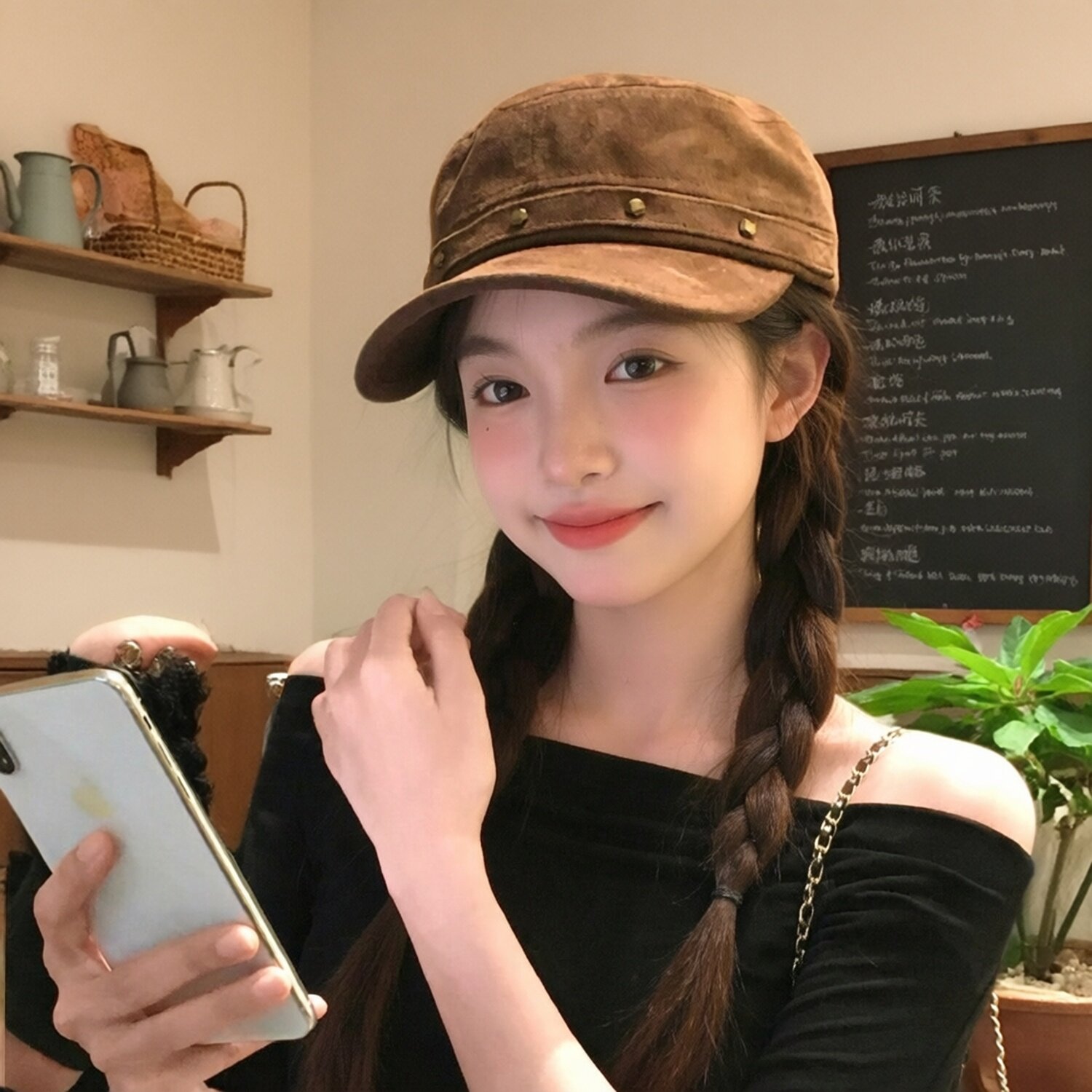 秋季英伦复古铆钉平顶鸭舌帽子女