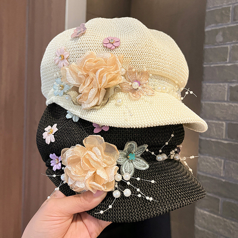 韩版针织八角帽女夏季镂空透气百搭遮阳帽珍珠花朵贝雷帽鸭舌帽子