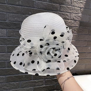 优雅欧根纱渔夫帽女夏季 花朵太阳帽户外遮阳防晒帽子礼帽 英伦法式