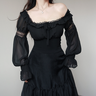 复古蕾丝两穿长袖 鱼骨法式 雪纺上衣欧根纱半裙 夜莺 黑茉莉与甜酒