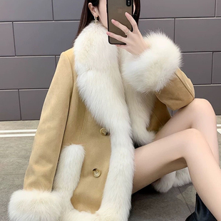 秋冬羽绒皮草长款狐狸毛皮草外套麂皮绒西服领中长款时尚毛毛大衣