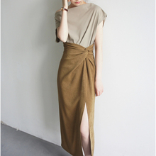 JOJOZ 芥末雾面质感交叉设计高腰侧开衩过膝半身裙气质时髦女下装