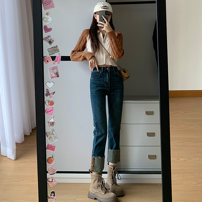 9515冬季极简风高腰设计感直筒裤显瘦喇叭裤牛仔裤冬季小个子