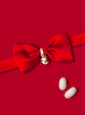 婴儿新中式红色真丝蝴蝶结发带女宝宝周岁满月中国风头饰婴童喜庆