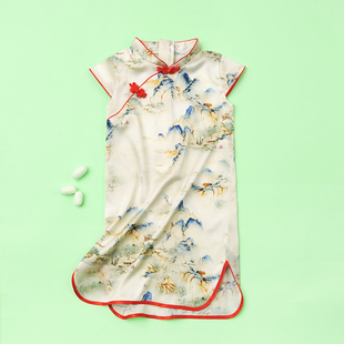 儿童中国风真丝旗袍女童桑蚕丝唐装 连衣裙 女宝宝礼服丝绸汉服古装