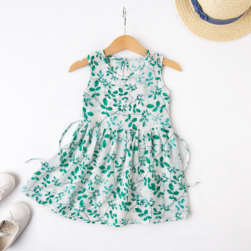 夏季女童真丝连衣裙宝宝桑蚕丝绿色树叶公主裙长裙子小女孩儿童装