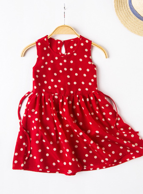 女童真丝连衣裙红色桑蚕丝宝宝公主裙儿童波点过年裙子童裙夏薄款