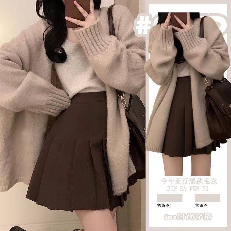 2025毛衣三件套大码妹妹温柔女装新款高腰百褶裙吊带宽松开衫显瘦