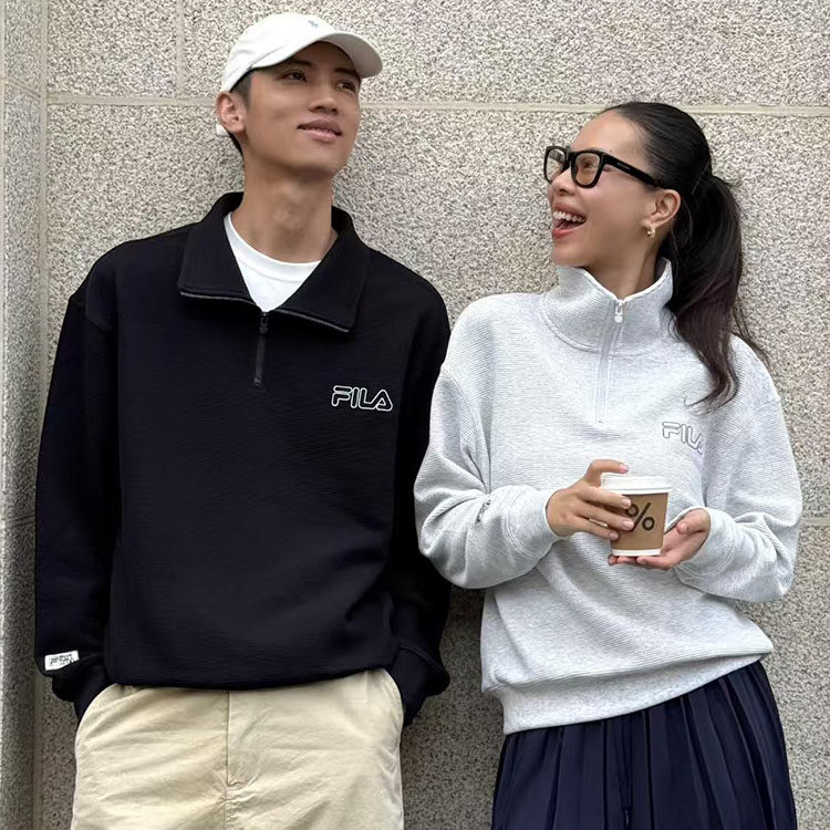 FILA斐乐半开襟男女同款卫衣2025新款情侣华夫格翻领女上衣