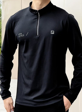FILA 斐乐2025新款男运动长袖T恤健身跑步半拉链长袖加绒上衣黑色