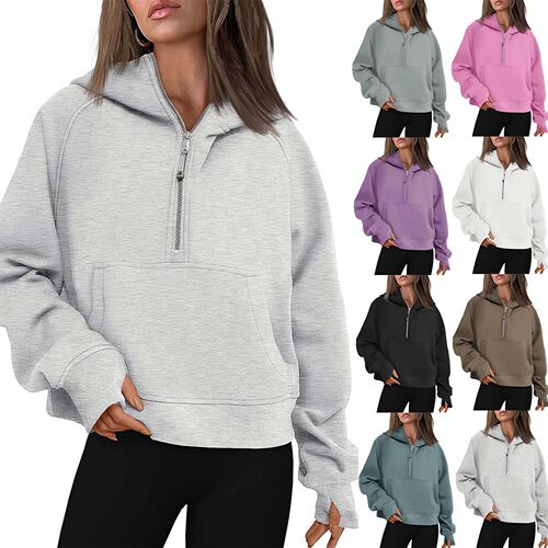 定制wih爆款欧美秋冬连帽拉链加厚卫衣套头外贸女瑜伽服印字logo