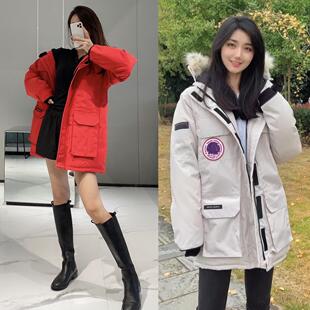 白鸭绒羽绒服男女情侣中长款冬季防风外套连帽抗寒狼毛领大衣带帽