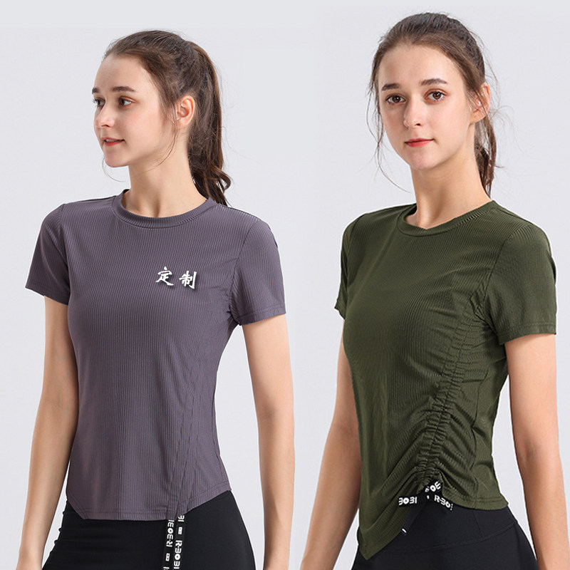 定制LOGO瑜伽服短袖T恤女上衣休闲时尚跑步健身灰紫军绿色印字
