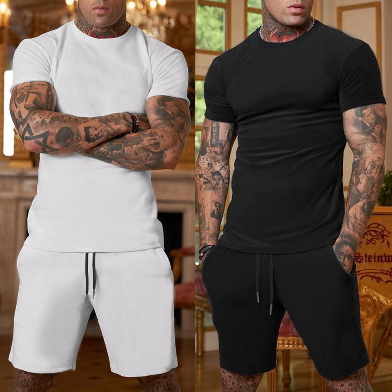 定制运动套装男短袖圆领T恤裤两件套纯色健身纯色瑜伽服印字LOGO