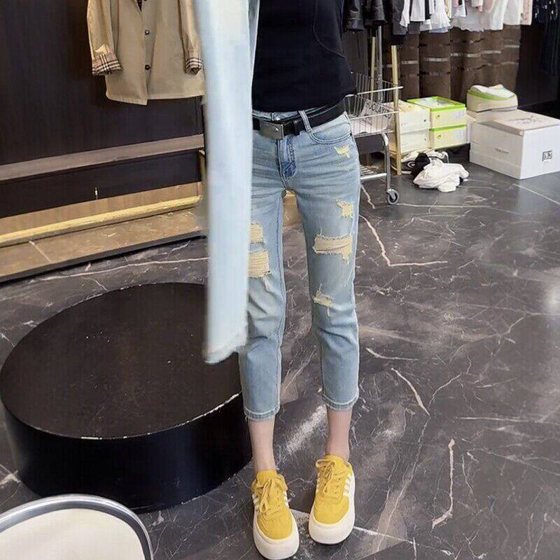 修身破洞牛仔裤女小个子大码胖mm夏季薄款弹力高腰显瘦八分烟管裤