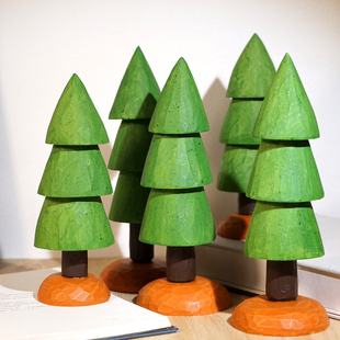 “放青松”手工木雕小树摆件可爱工位书桌面家居创意治愈系装饰品