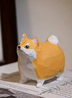 圆滚滚的柴犬手工木雕小摆件