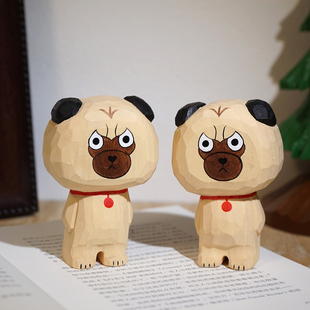 “巴扎黑狗狗”手工木雕小摆件巴哥犬可爱卡通动漫周边桌面装饰品
