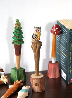 《圆珠笔》手工木雕创意可爱卡通动物桌面书写笔装饰摆件老师礼物