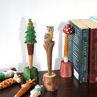 《圆珠笔》手工木雕创意可爱卡通动物桌面书写笔装饰摆件老师礼物