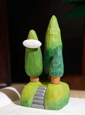 “坐看云起时”手工木雕小摆件可爱治愈创意解压工位书房桌面装饰